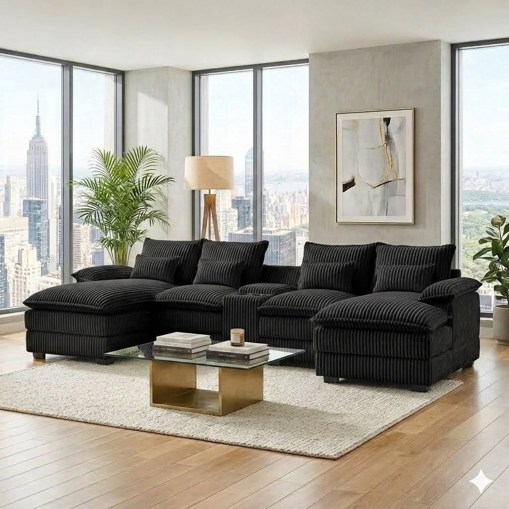 Vinform Oversided 124" U Shaped Cloud Couch Sectional, DeepSeat Sofa Bed with USB Charging, Hidden Storage, Cup Holders & Chenille Double Chaise, Black