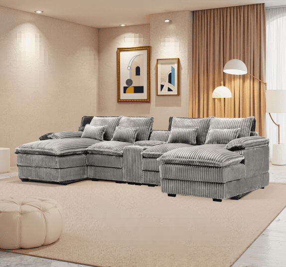 ShiKeyi Oversided 124" U Shaped Cloud Couch Sectional, DeepSeat Sofa Bed with USB Charging, Hidden Storage, Cup Holders & Chenille Double Chaise, Light Gray