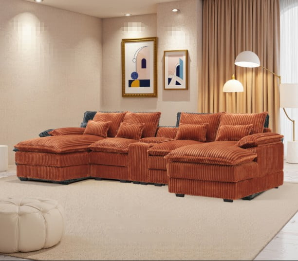 ShiKeyi Oversided 124" U Shaped Cloud Couch Sectional, DeepSeat Sofa Bed with USB Charging, Hidden Storage, Cup Holders & Chenille Double Chaise, Orange