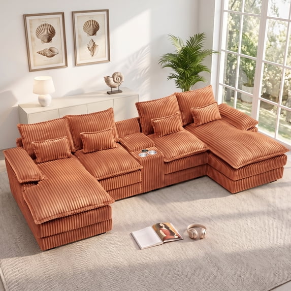 Avobird Oversided 124" U Shaped Cloud Couch Sectional, DeepSeat Sofa Bed with USB Charging, Hidden Storage, Cup Holders & Chenille Double Chaise, Orange