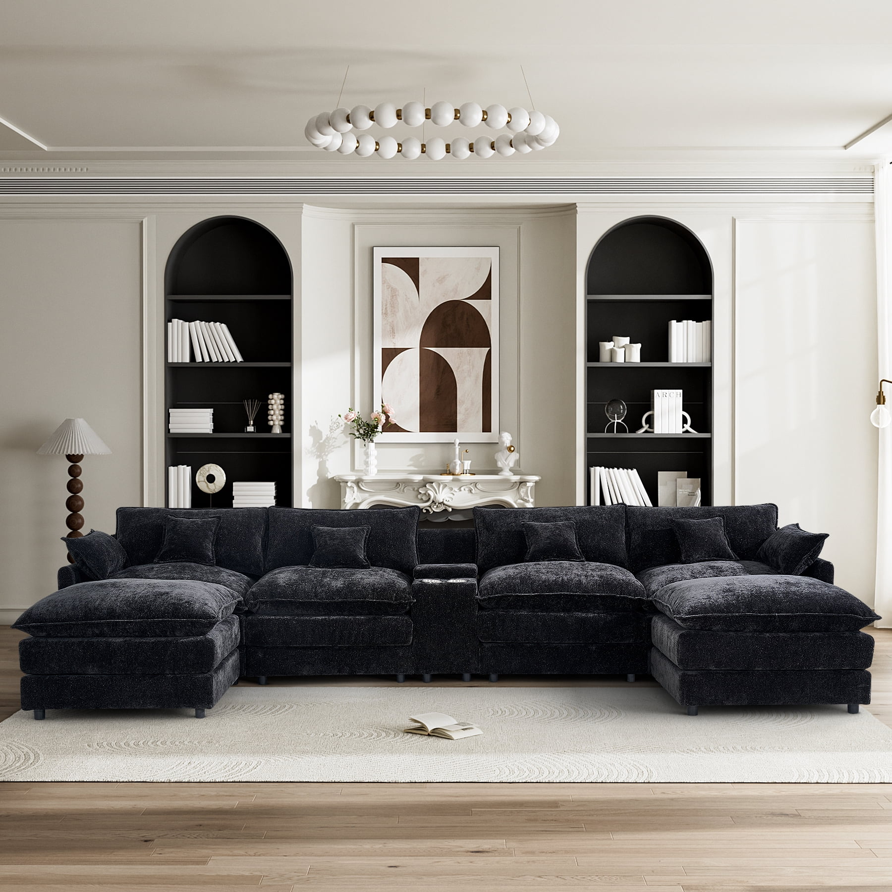ShiKeyi Oversided 145" U Shaped Cloud Couch Sectional, DeepSeat Sofa Bed with USB Charging, Hidden Storage, Cup Holders & Chenille Double Chaise, Black