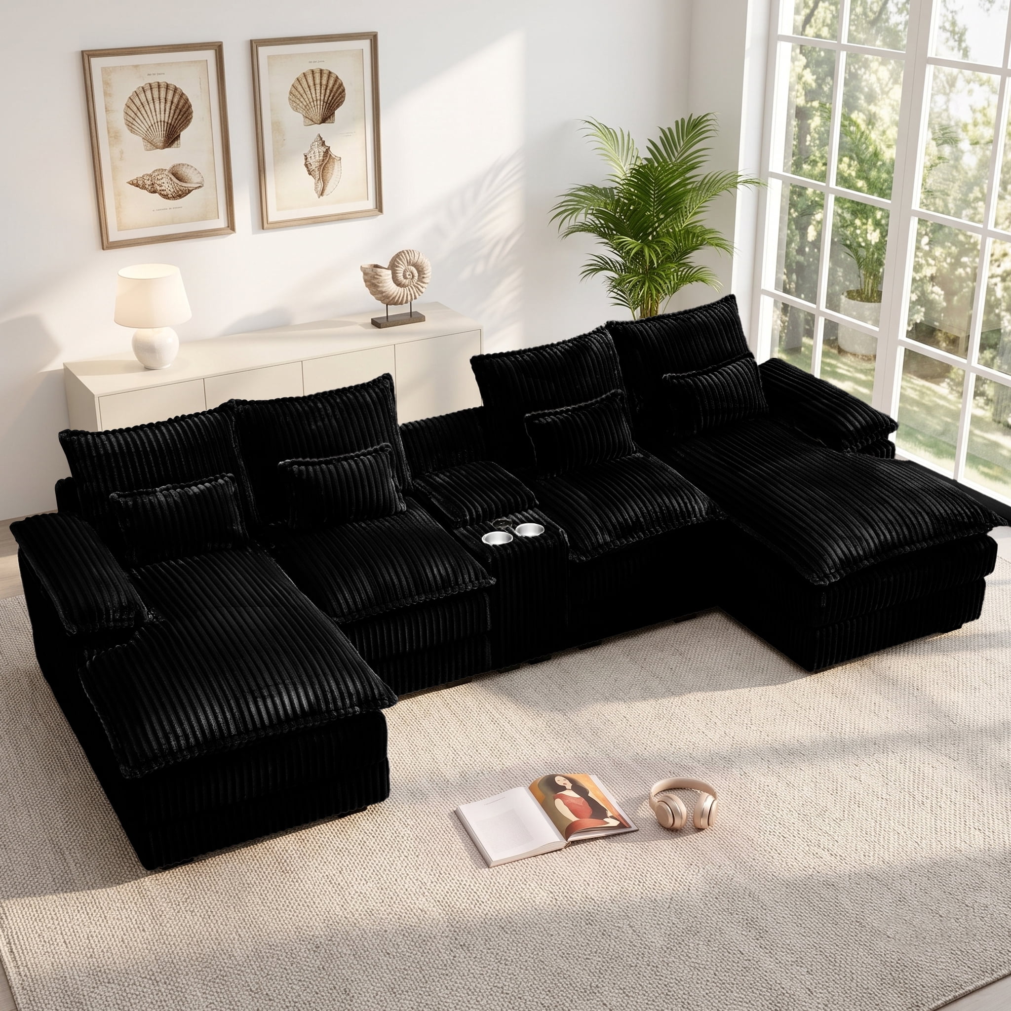 Avobird Oversided 145" U Shaped Cloud Couch Sectional, DeepSeat Sofa Bed with USB Charging, Hidden Storage, Cup Holders & Chenille Double Chaise, Black