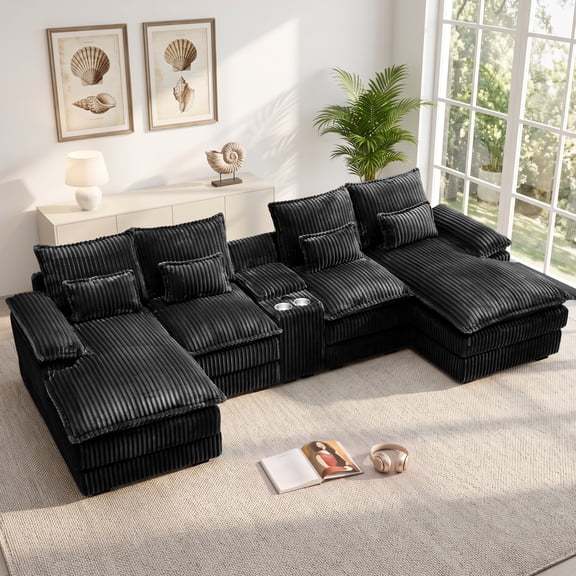 Vinform Oversided 145" U Shaped Cloud Couch Sectional, DeepSeat Sofa Bed with USB Charging, Hidden Storage, Cup Holders & Chenille Double Chaise, Gray