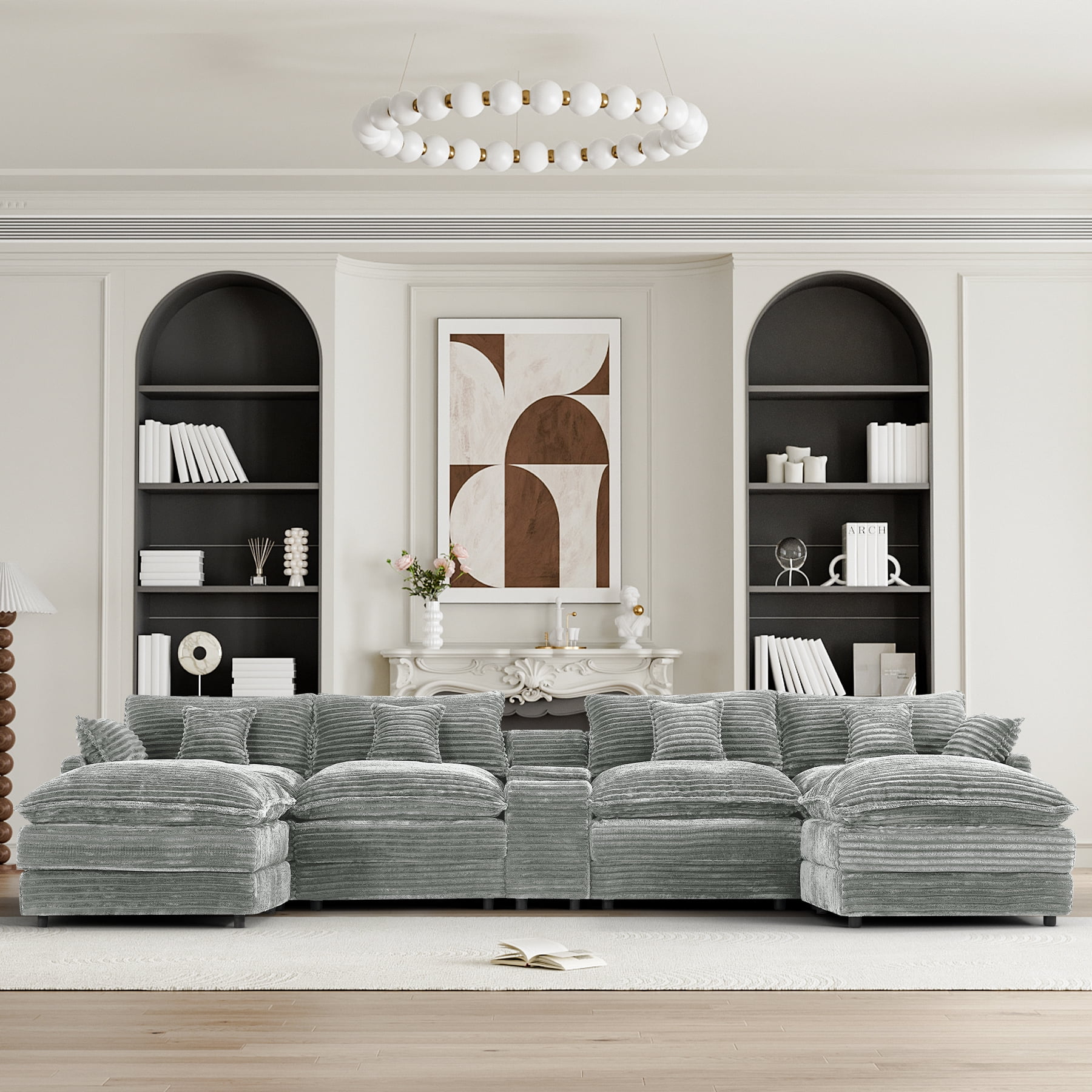 ShiKeyi Oversided 145" U Shaped Cloud Couch Sectional, DeepSeat Sofa Bed with USB Charging, Hidden Storage, Cup Holders & Chenille Double Chaise, Light Gray