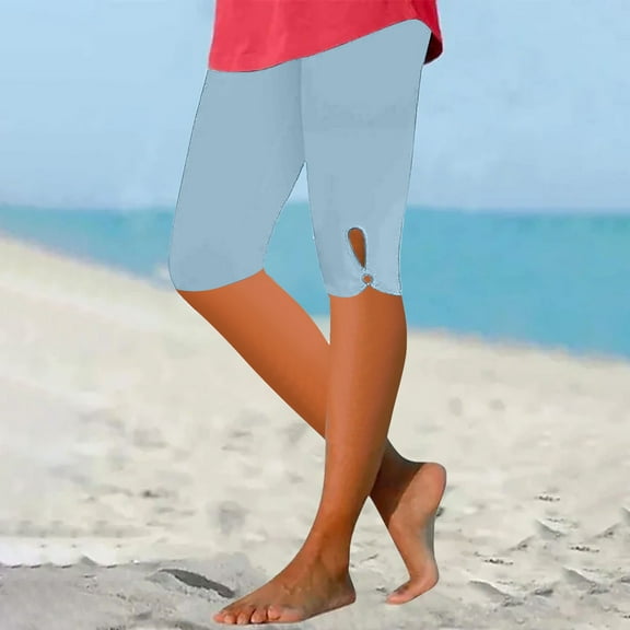 LEBONYARD Plus Size Womens Pants,Women's Summer High Waisted Solid Color Capris Matching Slim Fitting Yoga Gym Pants Light Blue S