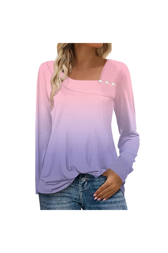 2025 Fall Square Neck Tops for Women Trendy Long Sleeve Tshirt Gradient Color Casual Loose Fit Button Blouses