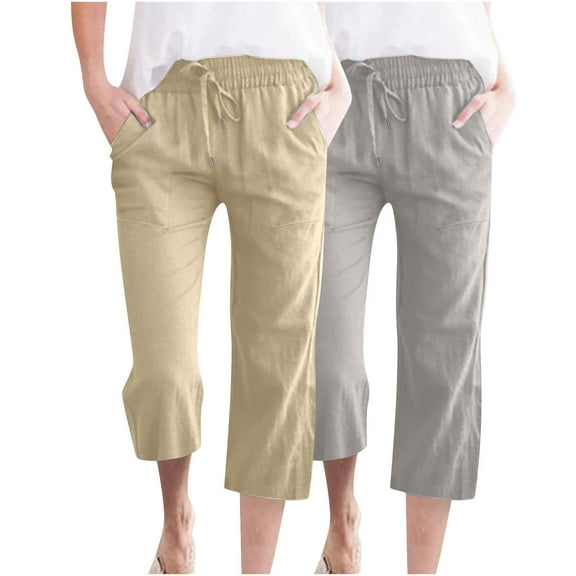 ShiShine 2pc Capri Pants for Women Casual 2025 Drawstring Elastic High Waist Straight Wide Leg Cropped Trouser