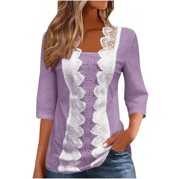 ShiShine 3/4 Length Sleeve Eyelet for Women Tops Lace Hem Embroidery Shirts Dressy Casual Blouses Fall Outfits 2025