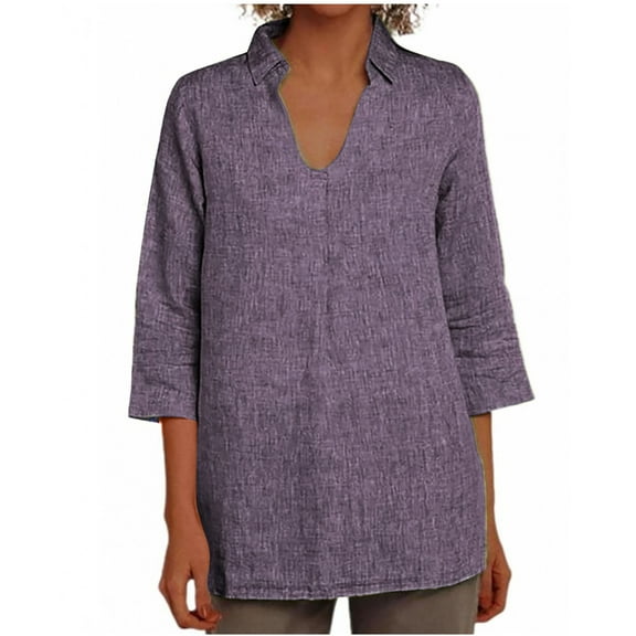 ShiShine 3/4 Length Sleeve Shirts for Women Casual V Neck Blouses Solid Color Collared Dressy Tunic Tops