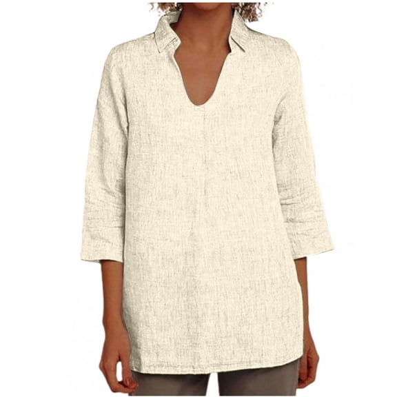 ShiShine 3/4 Length Sleeve Shirts for Women Casual V Neck Blouses Solid Color Collared Dressy Tunic Tops