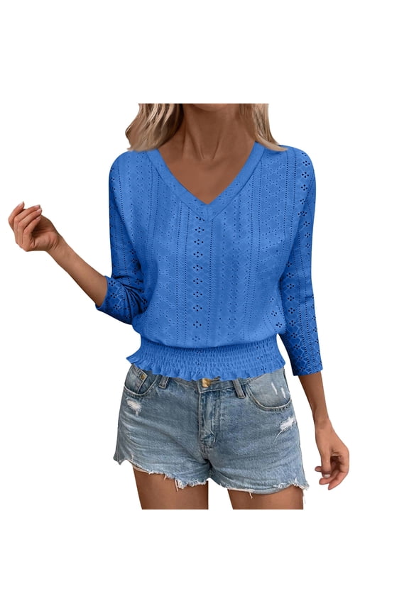 3/4 Length Sleeve Tops for Women 2025 Fall V Neck Fashion Smocked Hem Crop Dressy Casual Tunic Top