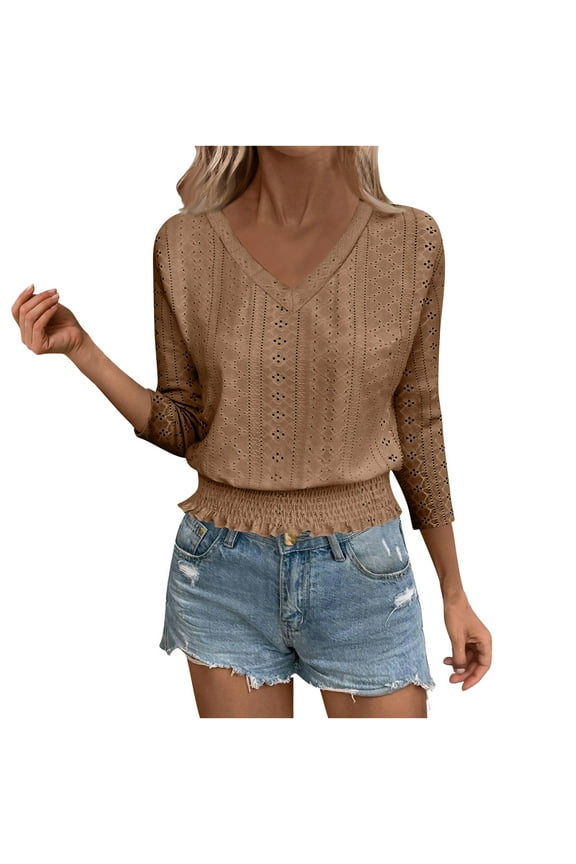 3/4 Length Sleeve Tops for Women 2025 Fall V Neck Fashion Smocked Hem Crop Dressy Casual Tunic Top