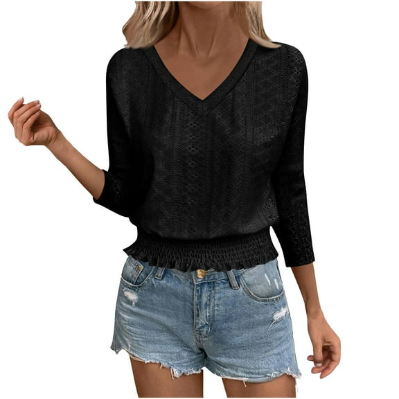 ShiShine 3/4 Length Sleeve Tops for Women 2025 Fall V Neck Fashion Smocked Hem Crop Dressy Casual Tunic Top