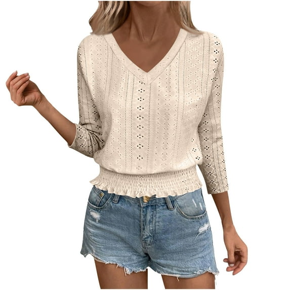 ShiShine 3/4 Length Sleeve Tops for Women 2025 Fall V Neck Fashion Smocked Hem Crop Dressy Casual Tunic Top