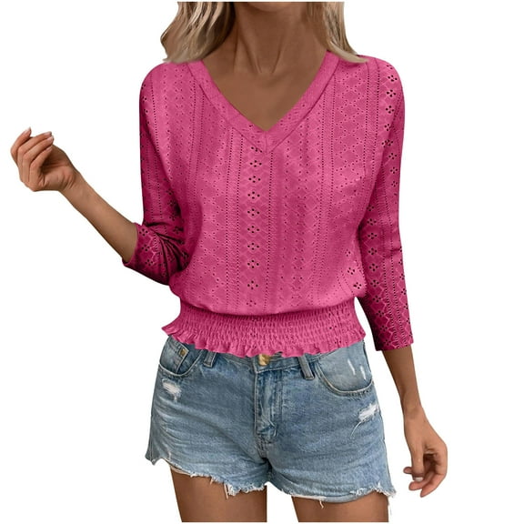 ShiShine 3/4 Length Sleeve Tops for Women 2025 Fall V Neck Fashion Smocked Hem Crop Dressy Casual Tunic Top