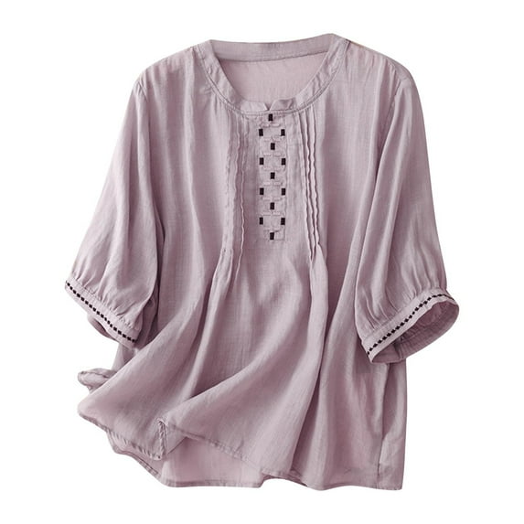 ShiShine 3/4 Length Sleeve for Women Tops Crewneck Pleated Embroidered Shirts Dressy Casual Loose Blouses