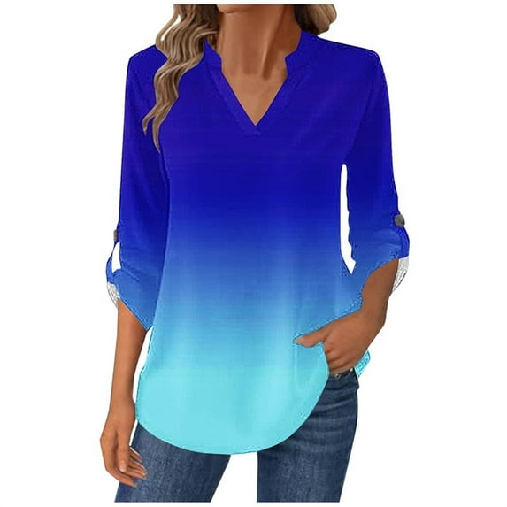 ShiShine 3/4 Length Sleeve for Women Tops Henley Shirts V Neck Gradient Color Trendy Work Clothes Fashion Outfits