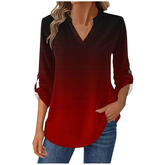 ShiShine 3/4 Length Sleeve for Women Tops Henley Shirts V Neck Gradient Color Trendy Work Clothes Fashion Outfits
