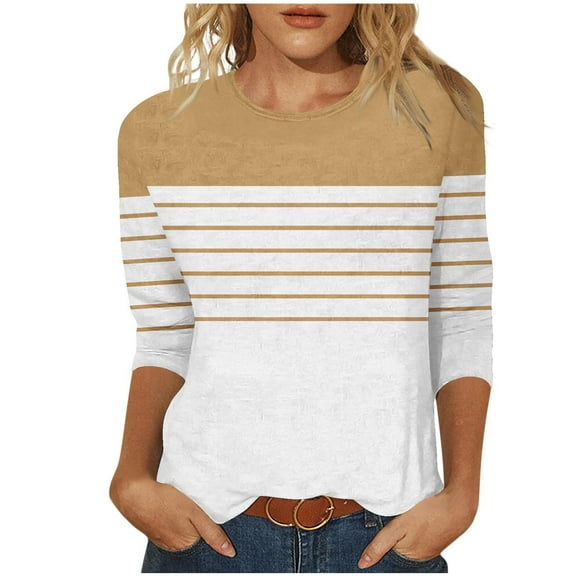 ShiShine 3/4 Length Sleeve for Women Tops Striped Crew Neck Shirts Trendy Casual Loose Fit Soft Blouse Tees