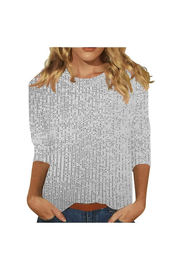 3/4 Sleeve Sequin Tops for Women Shimmer Embellished Sparkle Glitter Dressy Casual Blouses Trendy Tunic Tshirts