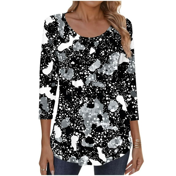 ShiShine 3/4 Sleeve Tops for Women Crew Neck Blouses Pleated Casual Shirts Fall Work Clothes 2025