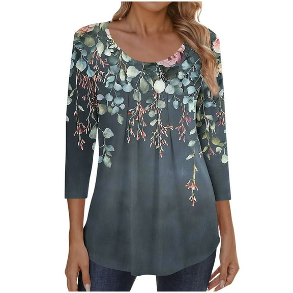 ShiShine 3/4 Sleeve Tops for Women Crew Neck Blouses Pleated Casual Shirts Fall Work Clothes 2025