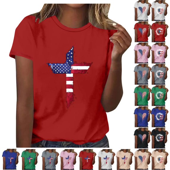 ShiShine American Flag T Shirt For Women 4th Of July Graphic Tee Patriotic Flower Print Short Sleeve Summer Tops Independence Day Shirt