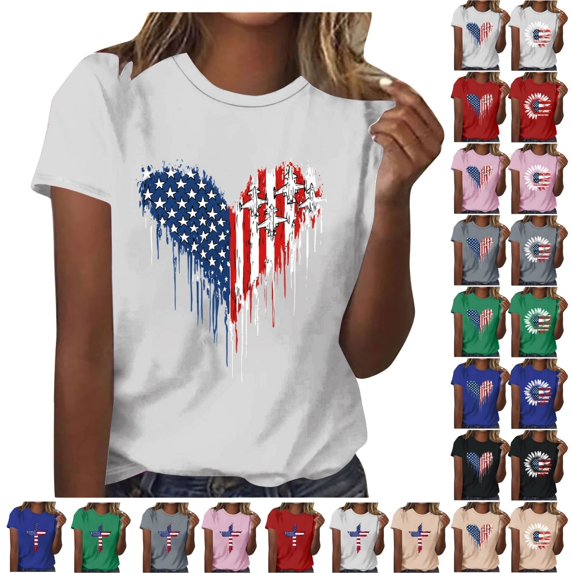 ShiShine American Flag T Shirt For Women 4th Of July Graphic Tee Patriotic Flower Print Short Sleeve Summer Tops Independence Day Shirt