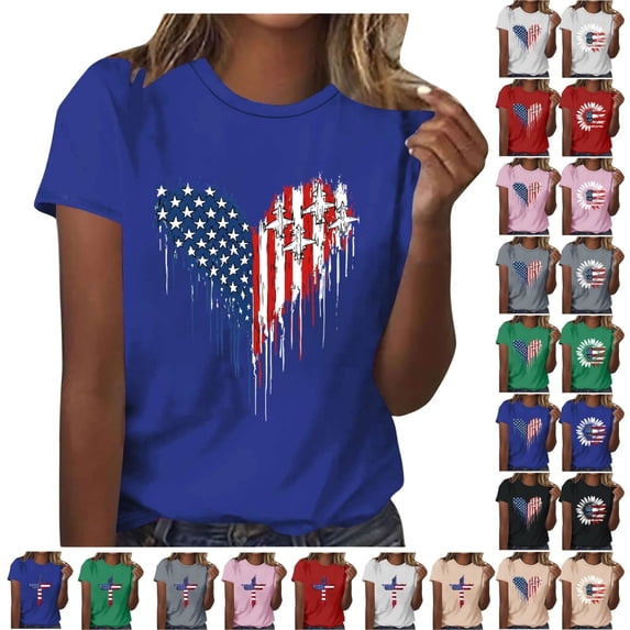 ShiShine American Flag T Shirt For Women 4th Of July Graphic Tee Patriotic Flower Print Short Sleeve Summer Tops Independence Day Shirt
