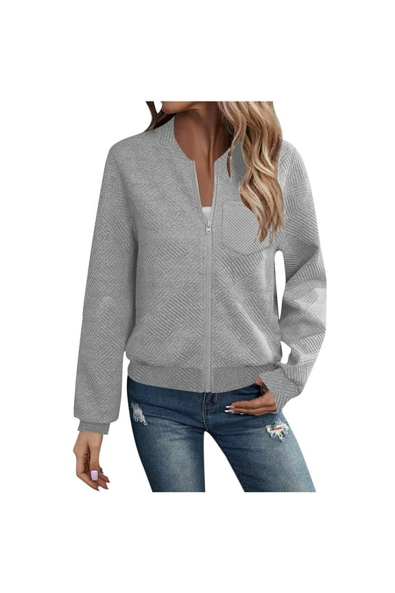 Bomber Jacket for Women Textured Zip Up Casual Jackets Lightweight Fall Cropped Quilted Jackets Coat with Pockets