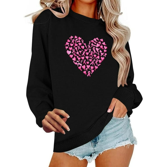 ShiShine Breast Cancer Awareness Sweatshirts for Women Heart Print Pink Ribbon Graphic Long Sleeve Pullover Loose Crewneck Tunic Tops