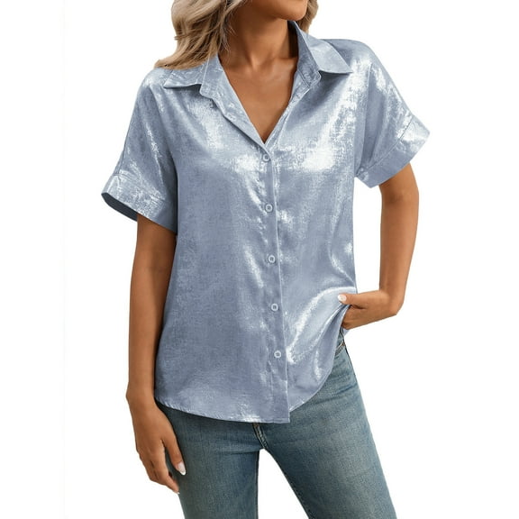 ShiShine Button Down Shirts for Women Short Sleeve V Neck Summer Tunic Tops Casual Work Blouses