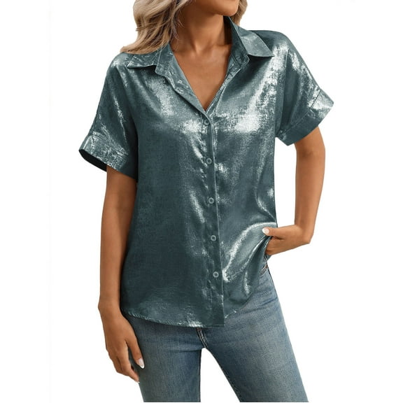 ShiShine Button Down Shirts for Women Short Sleeve V Neck Summer Tunic Tops Casual Work Blouses