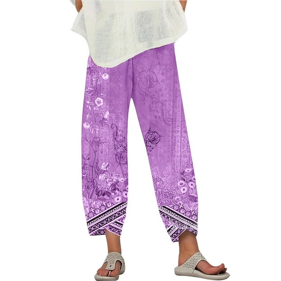 ShiShine Capri Pants for Women Casual Floral Print Pants Elastic High Waist Drawstring Beach Trousers