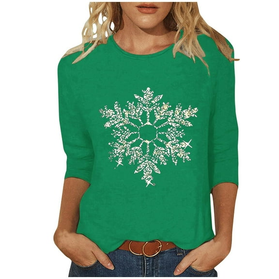 ShiShine Christmas Crew Neck Shirt for Women Funny Xmas Graphic 3/4 Sleeve Tee Winter Holiday Family Party Tops