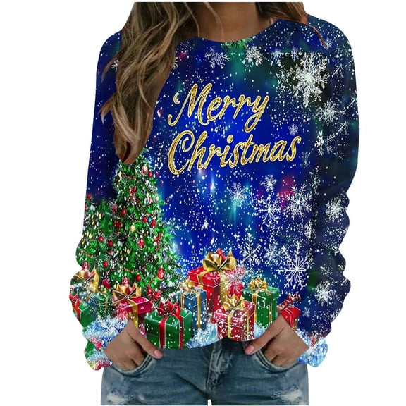 ShiShine Christmas Shirt for Women Merry Christmas Crew Neck Cute Printed Sweatshirt Xmas Holiday Tops