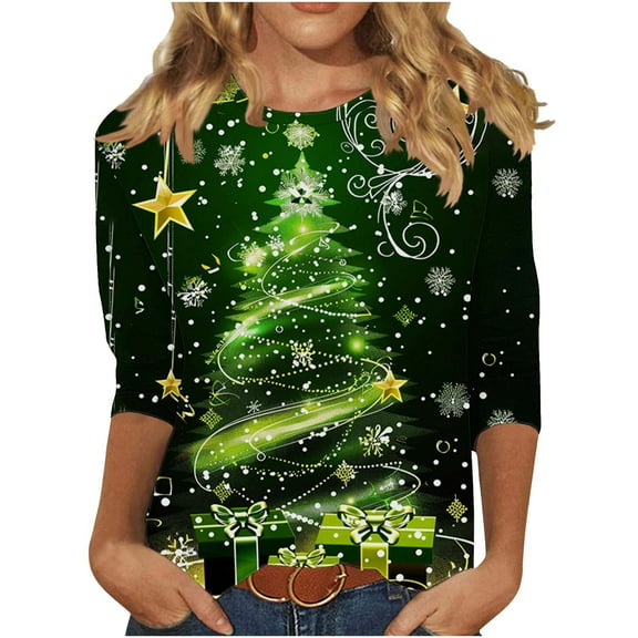 ShiShine Christmas Shirts for Women 3/4 Sleeve Tunic Tops Glitter Xmas Print Tshirt Crewneck Pullover Blouses Tees
