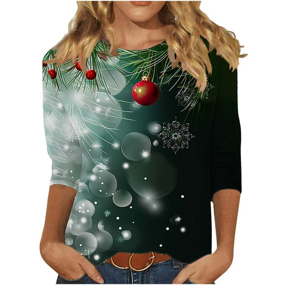 ShiShine Christmas Shirts for Women 3/4 Sleeve Tunic Tops Glitter Xmas Print Tshirt Crewneck Pullover Blouses Tees