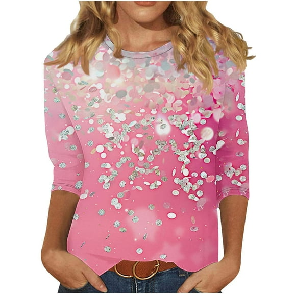 ShiShine Christmas Shirts for Women 3/4 Sleeve Tunic Tops Glitter Xmas Print Tshirt Crewneck Pullover Blouses Tees