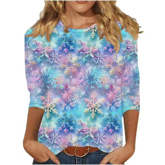 ShiShine Christmas Shirts for Women 3/4 Sleeve Tunic Tops Glitter Xmas Print Tshirt Crewneck Pullover Blouses Tees