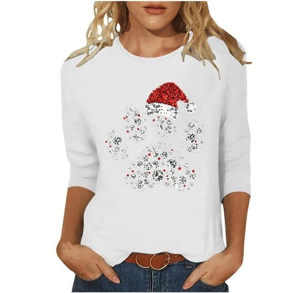 ShiShine Christmas Shirts for Women Cute Sparkly Santa Hat Pattern 3/4 Length Sleeve Crew Neck Tops