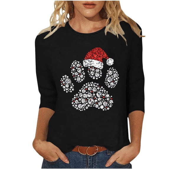 ShiShine Christmas Shirts for Women Cute Sparkly Santa Hat Pattern 3/4 Length Sleeve Crew Neck Tops