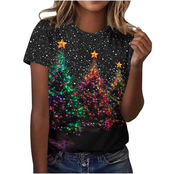 ShiShine Christmas T Shirts for Women Glitter Xmas Tree Graphic Tees Short Sleeve Crewneck Tops