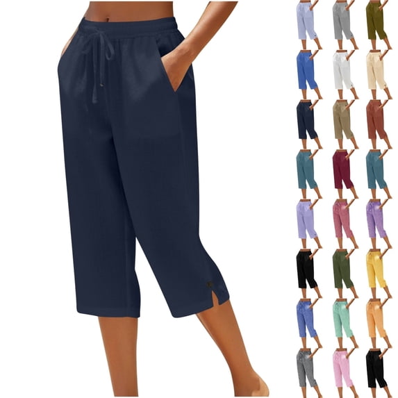 ShiShine Cotton Capri Pants for Women Loose Fit Straight Leg Drawstring Elastic Waist Cropped Casual Summer Linen Pant