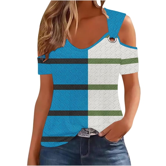 ShiShine Cut Out Tee Shirts for Women Summer Short Sleeve Cold Shoulder V Neck Loose Fit Tee Shirt Tops