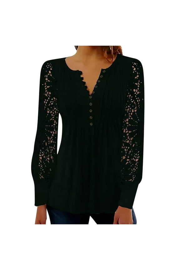 Elegant Lace Lantern Long Sleeve t-Shirt for Women Trendy Sexy Button v Neck Tunic Tops Blouse