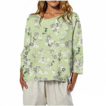 ShiShine Fall T Shirts for Women Loose Fit 3/4 Sleeve Crew Neck Tops Casual Blouses Floral Print Sleeve Tops