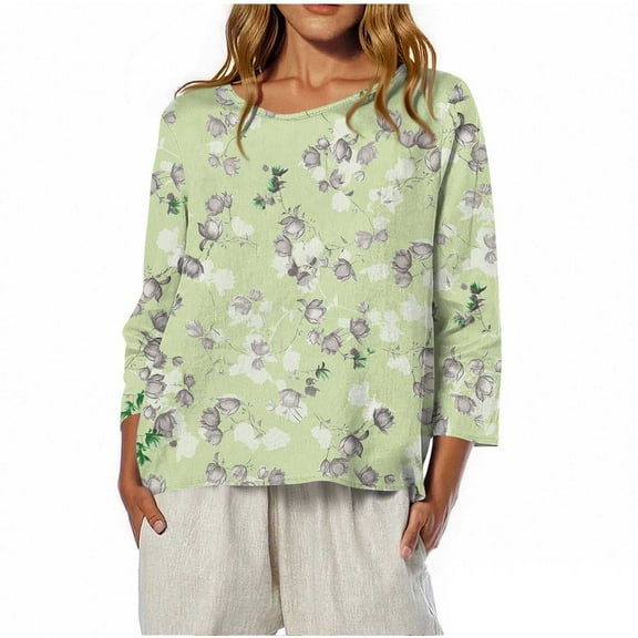 ShiShine Fall T Shirts for Women Loose Fit 3/4 Sleeve Crew Neck Tops Casual Blouses Floral Print Sleeve Tops