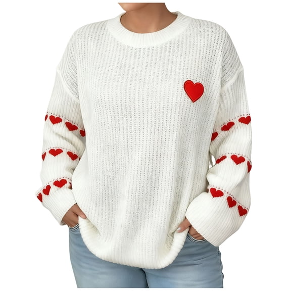 ShiShine Heart Sweaters for Women Loose Crewneck Long Sleeve Knitted Pullovers Dressy Valentine's Day Cute Sweater