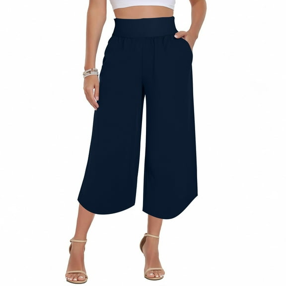 ShiShine High Waist Capri Pants for Women Wide Leg Flowy Trousers Capris Casual with Pockets